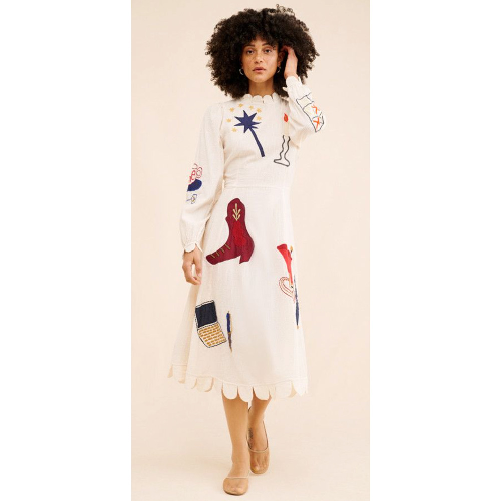 STELLA NOVA IVORY CIRCUS PRINTED APPLIQUE COTTON-SEERSUCKER MIDI DRESS SZ M US 8 - Picture 13 of 16